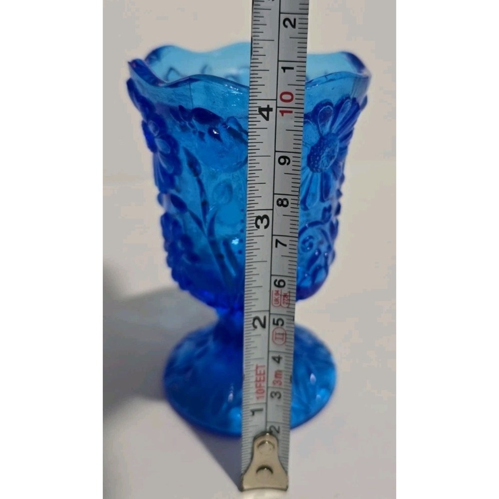 Vintage 80s Cobalt Blue Glass Daisy Toothpick Holder 4" Boho Footed Bud Vase - Picture 2 of 5